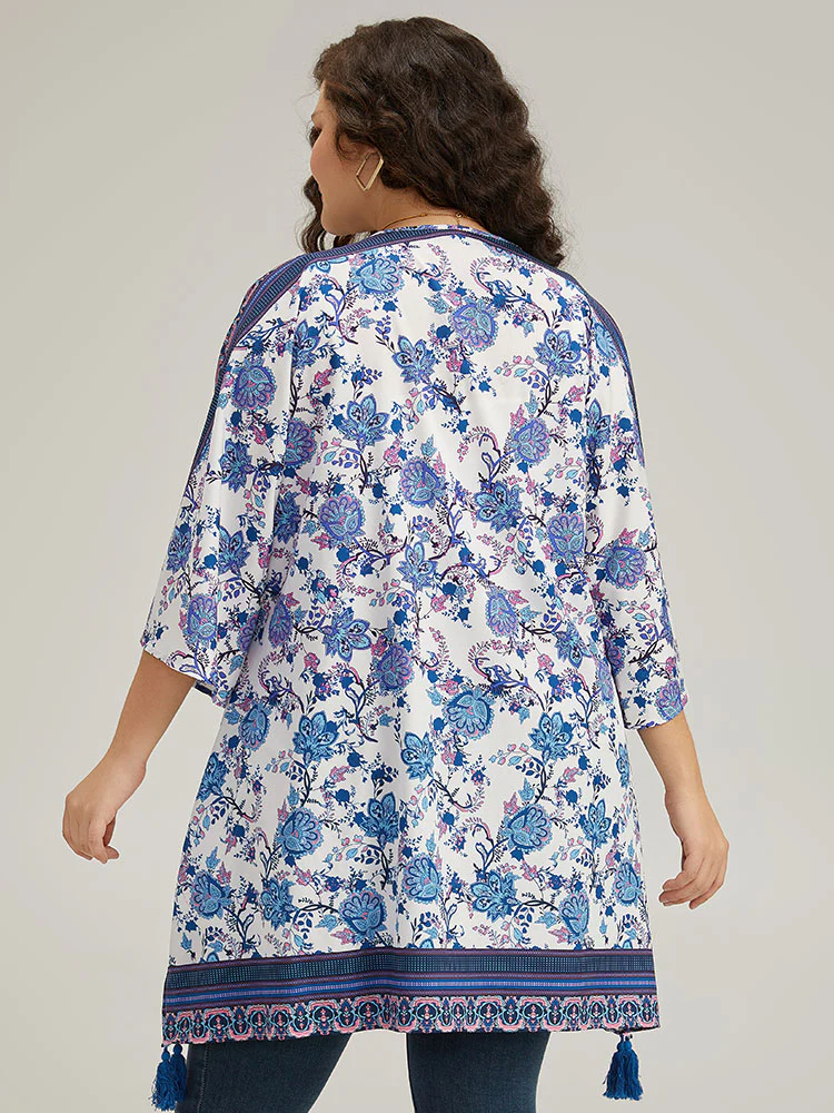 Floral Print Tassels Trim Split Side Kimono - Image 3