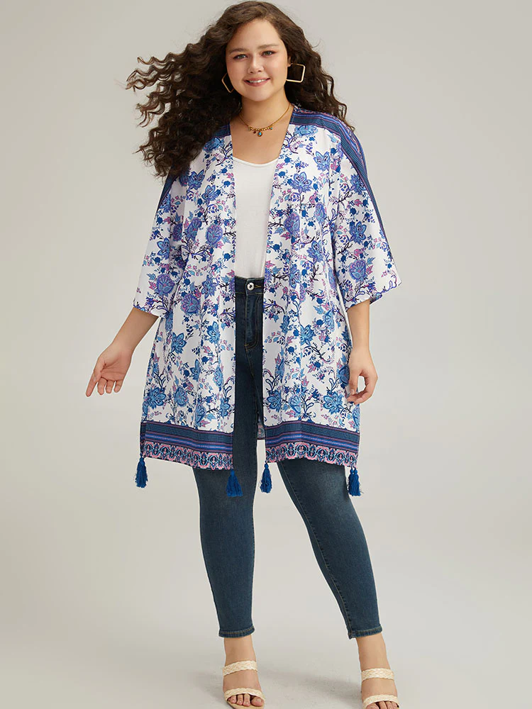 Floral Print Tassels Trim Split Side Kimono - Image 4