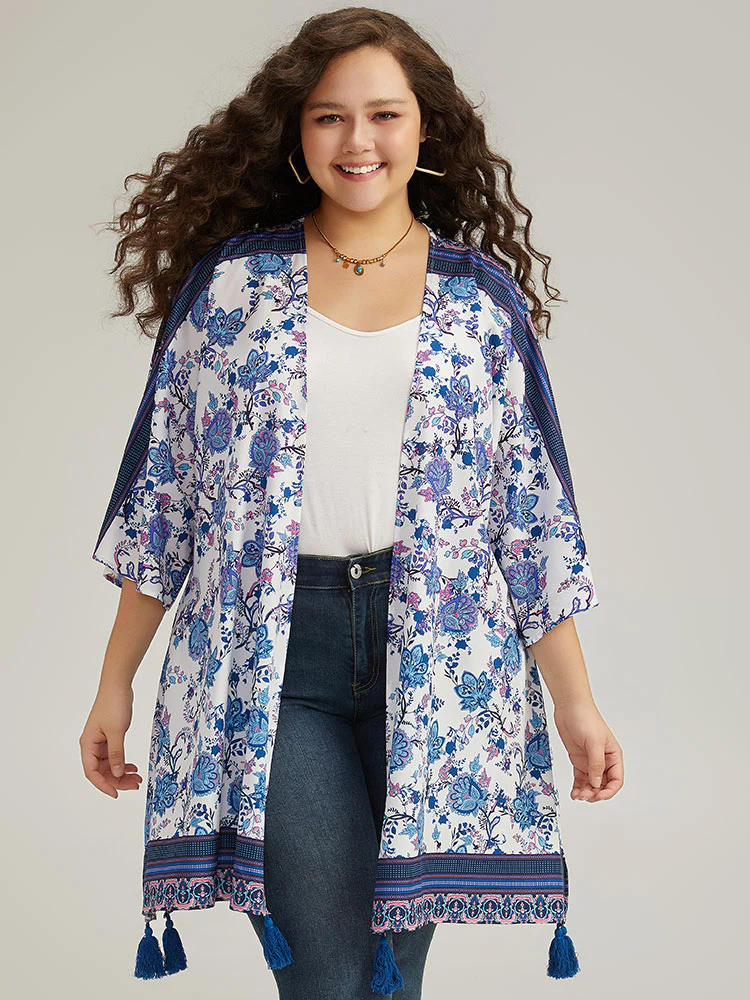 Floral Print Tassels Trim Split Side Kimono - Image 5