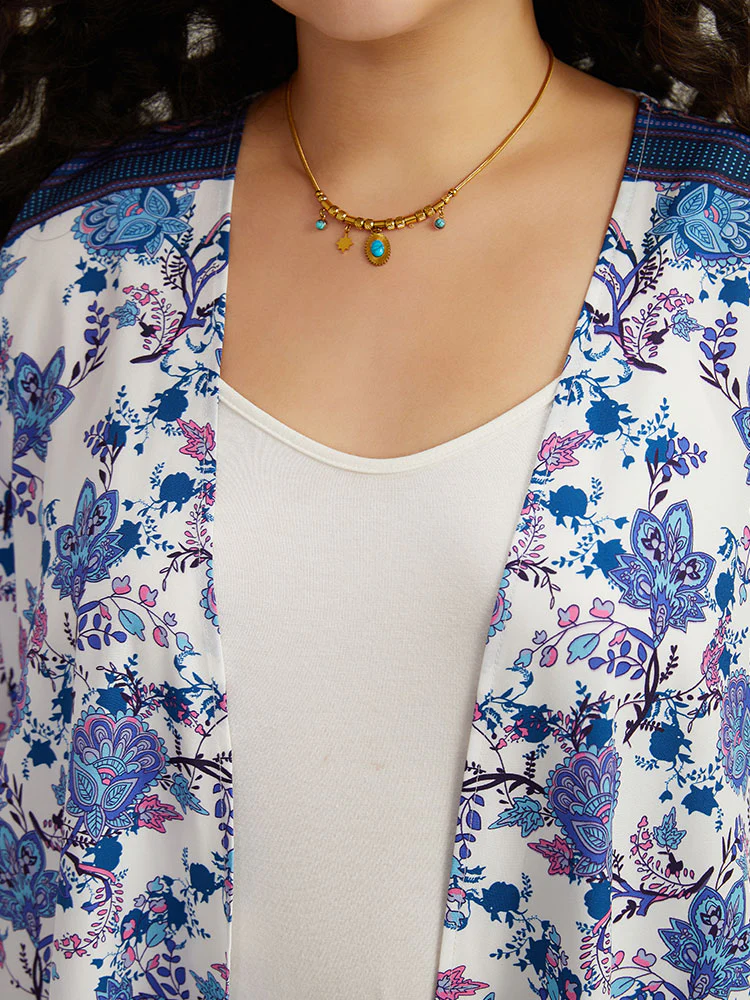 Floral Print Tassels Trim Split Side Kimono - Image 6
