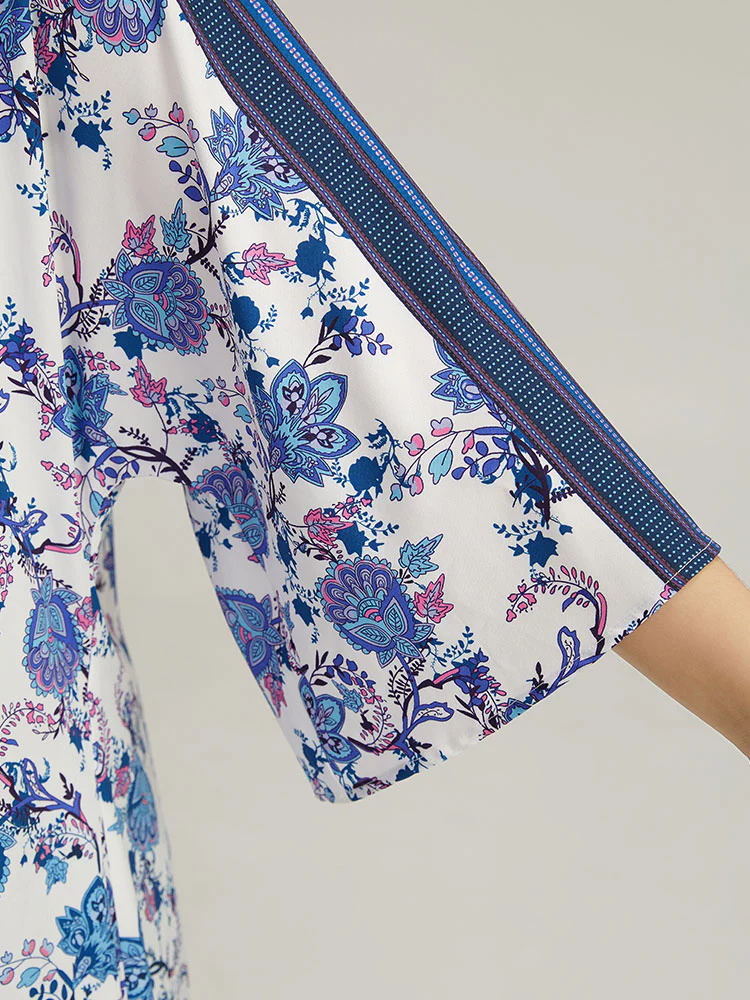 Floral Print Tassels Trim Split Side Kimono - Image 7