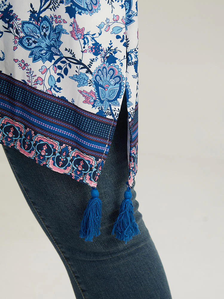 Floral Print Tassels Trim Split Side Kimono - Image 8