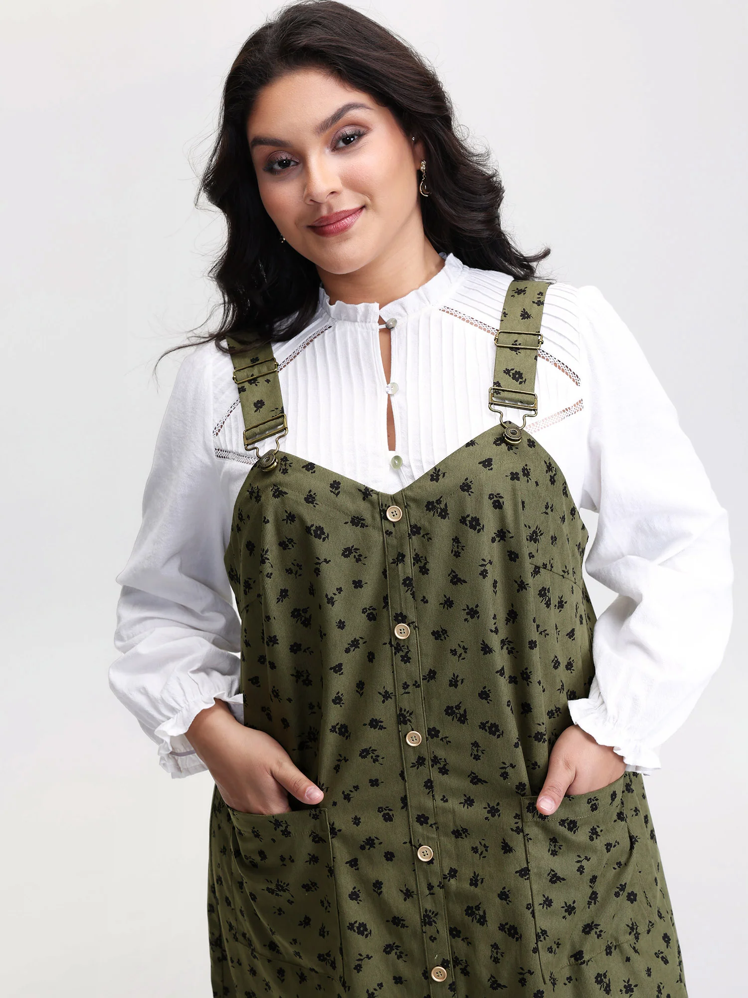 Floral Print Textured Overall Adjustable Midi Dress - Image 2