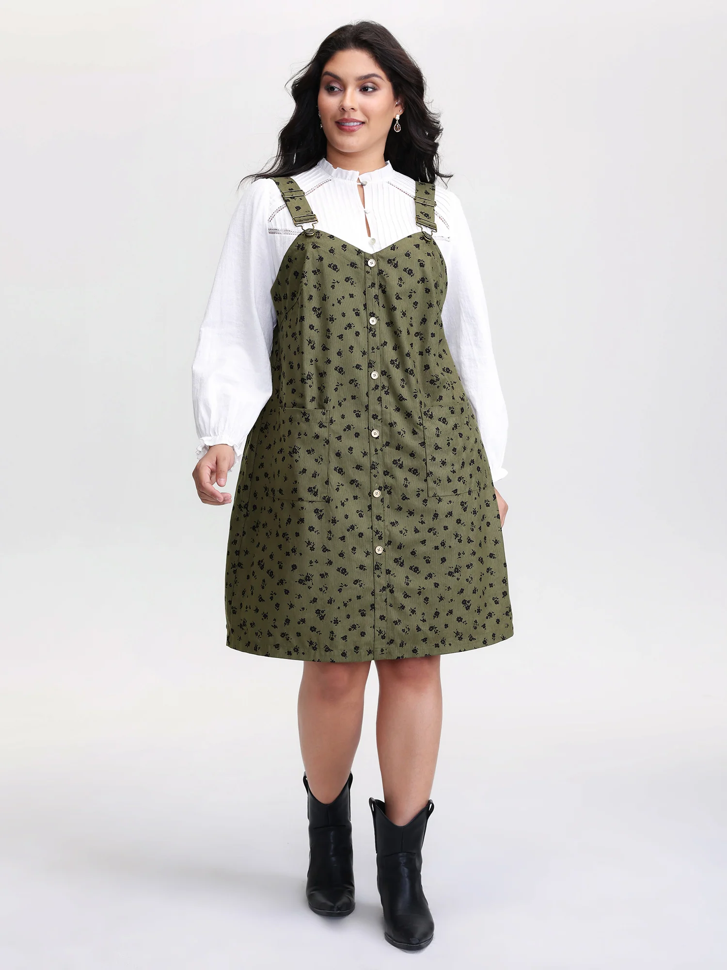 Floral Print Textured Overall Adjustable Midi Dress - Image 3