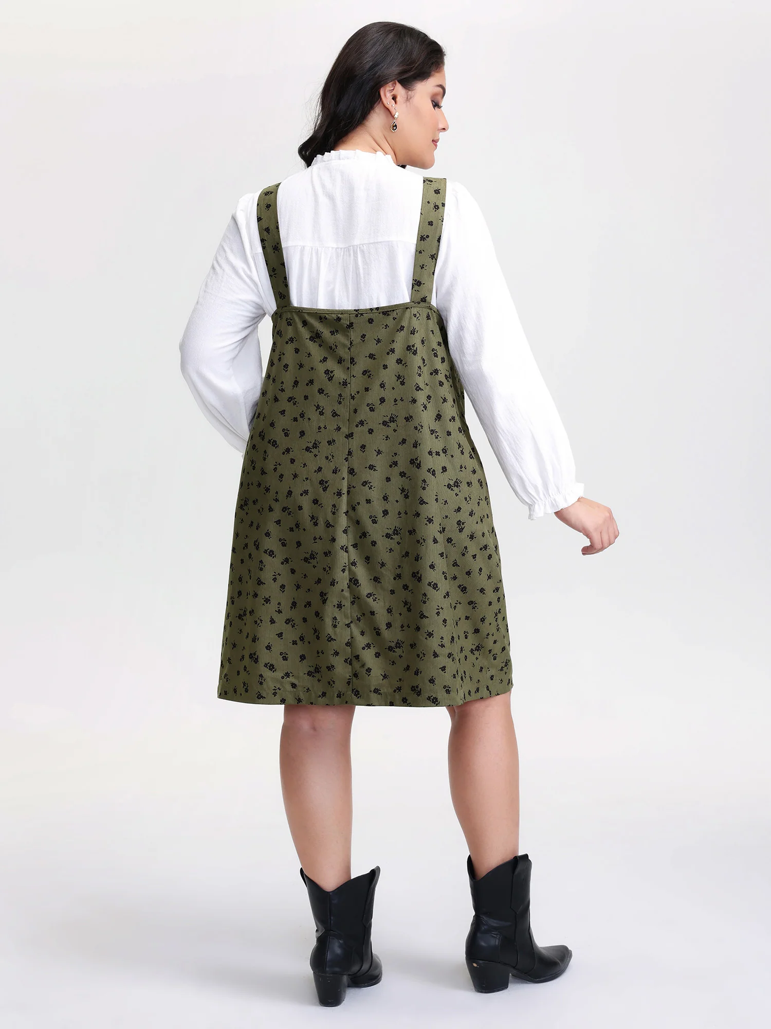 Floral Print Textured Overall Adjustable Midi Dress - Image 4