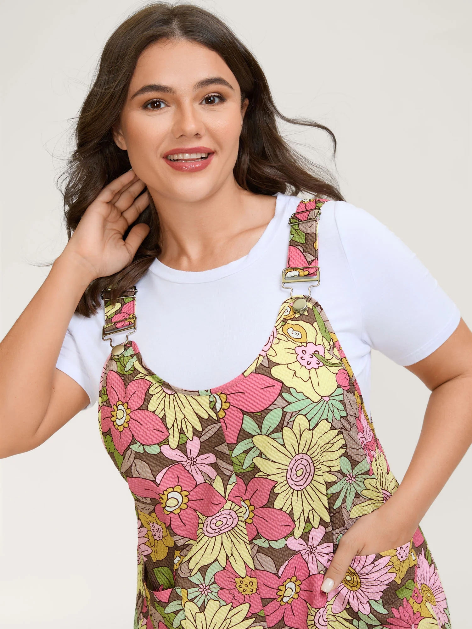 Floral Print Textured Overall Straps Dress - Image 14