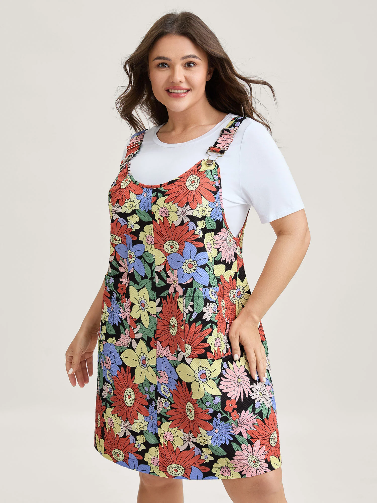 Floral Print Textured Overall Straps Dress - Image 2