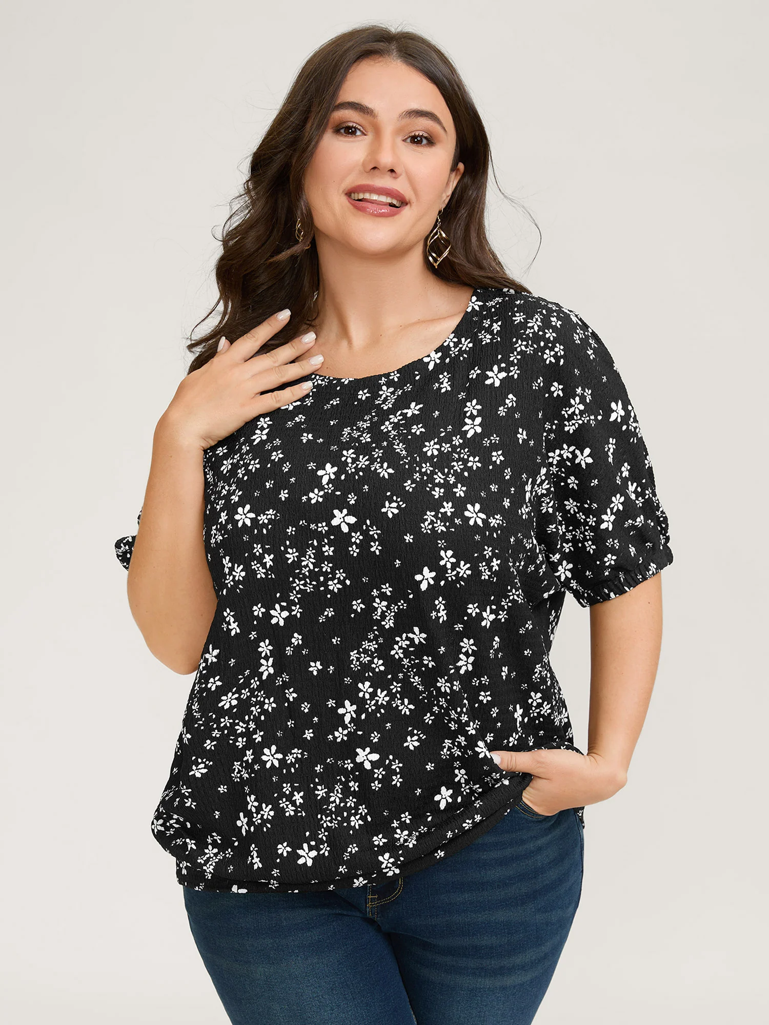 Floral Print Textured Puffy Sleeve Blouse