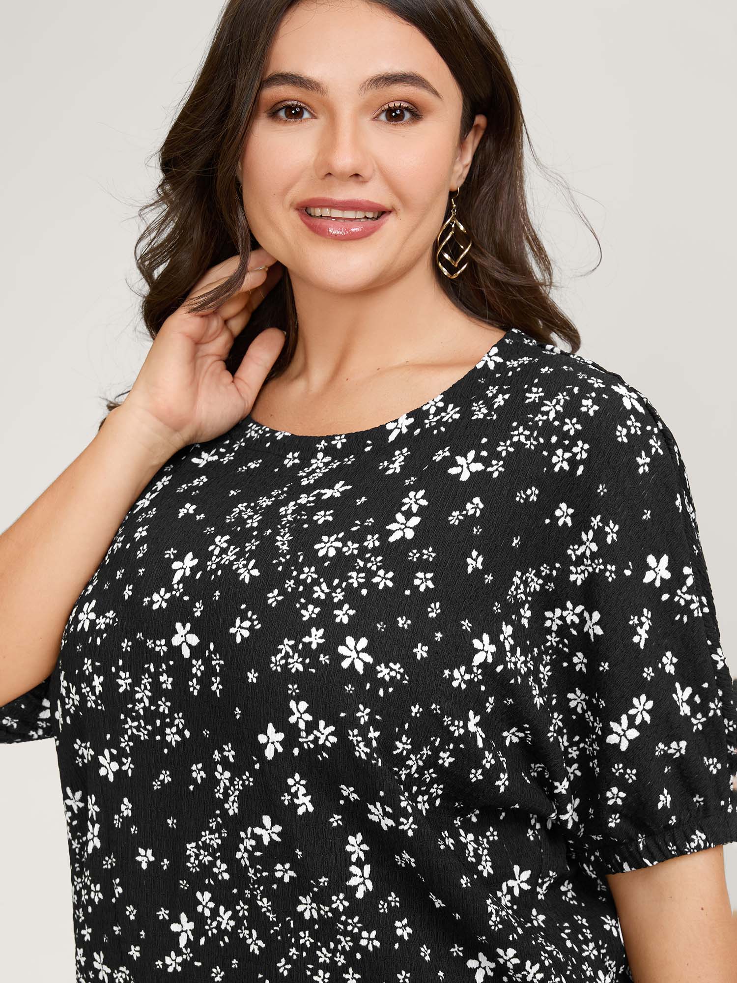 Floral Print Textured Puffy Sleeve Blouse - Image 2