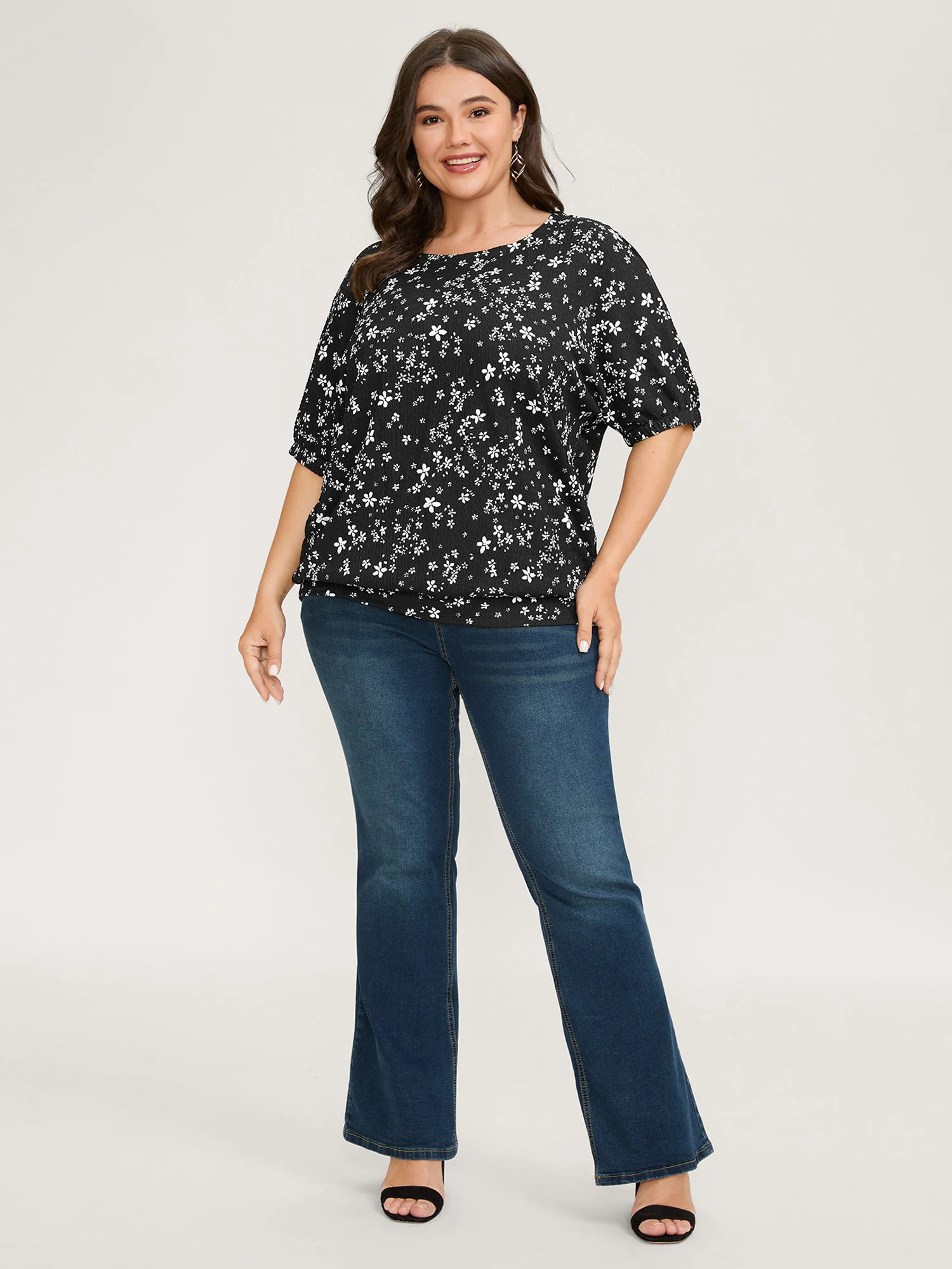 Floral Print Textured Puffy Sleeve Blouse - Image 3