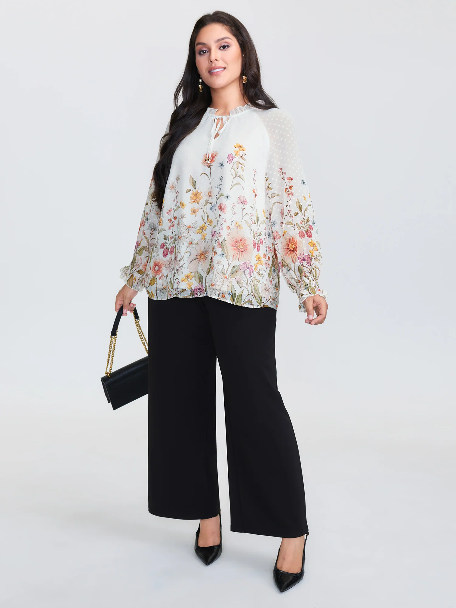 Floral Print Textured Ruffled Neckline Blouse - Image 3