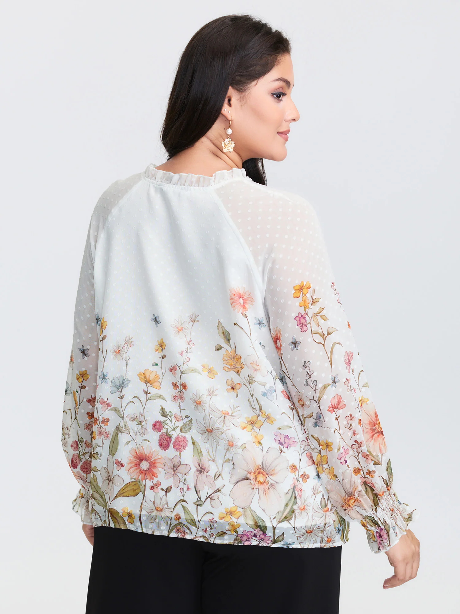 Floral Print Textured Ruffled Neckline Blouse - Image 4