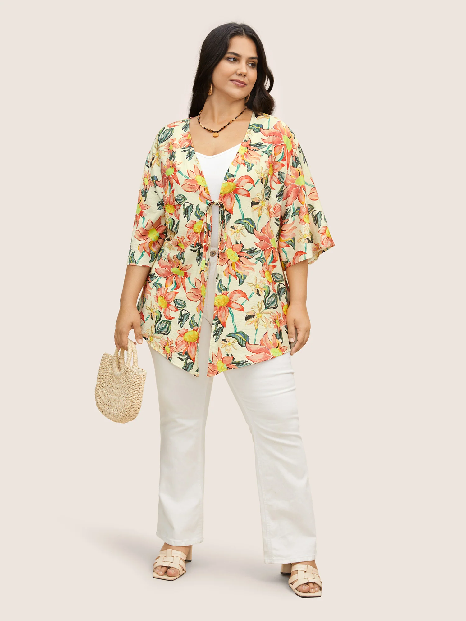 Floral Print Tie Knot Ruffle Sleeve Kimono - Image 2