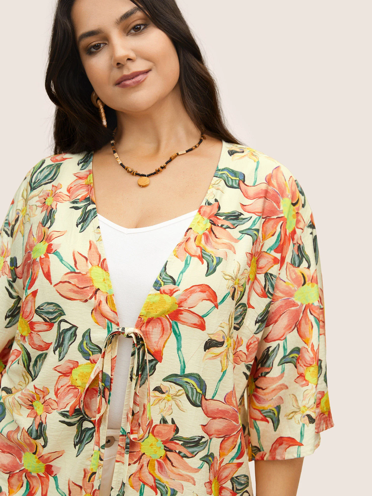 Floral Print Tie Knot Ruffle Sleeve Kimono - Image 3