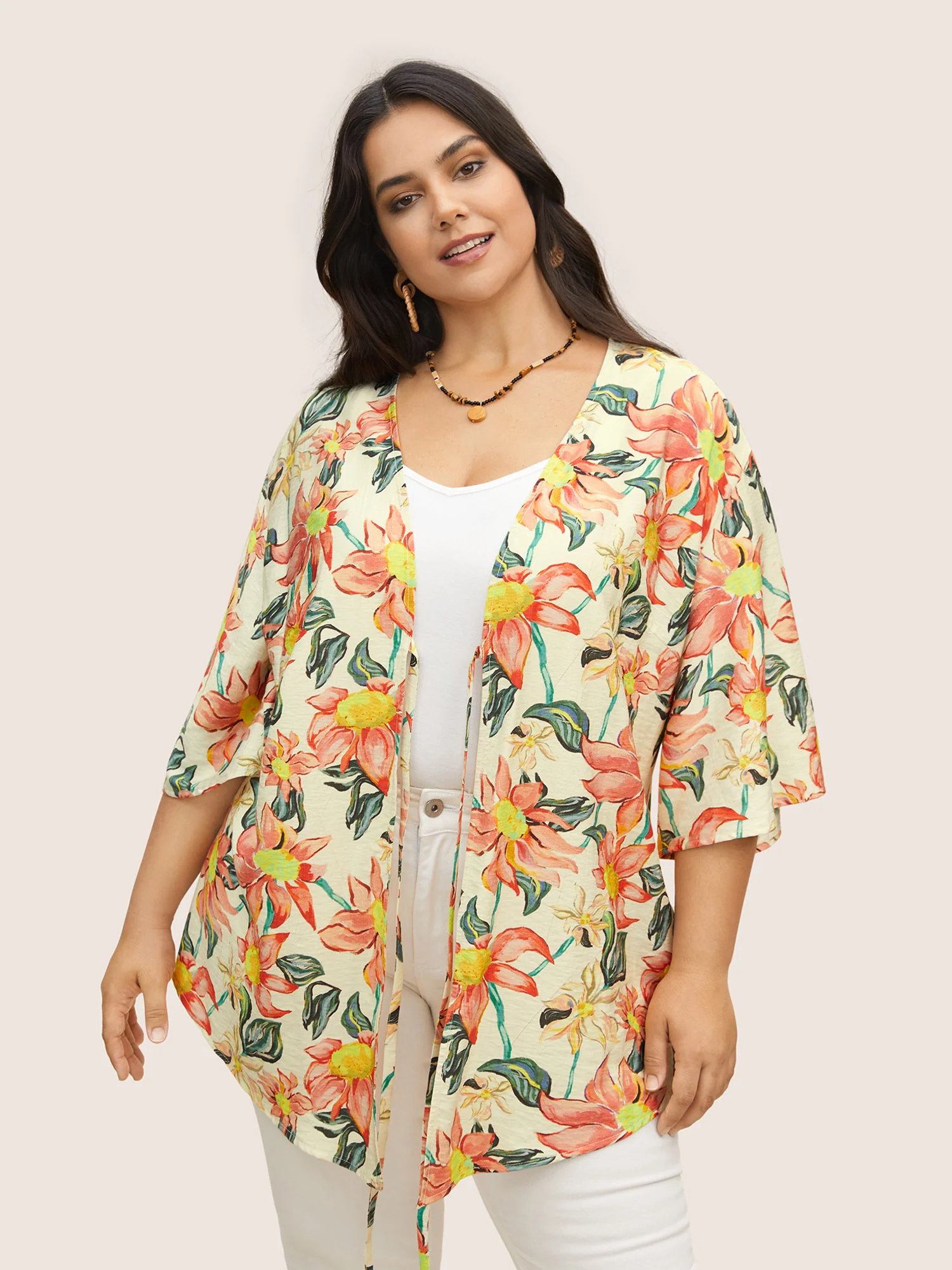 Floral Print Tie Knot Ruffle Sleeve Kimono - Image 4