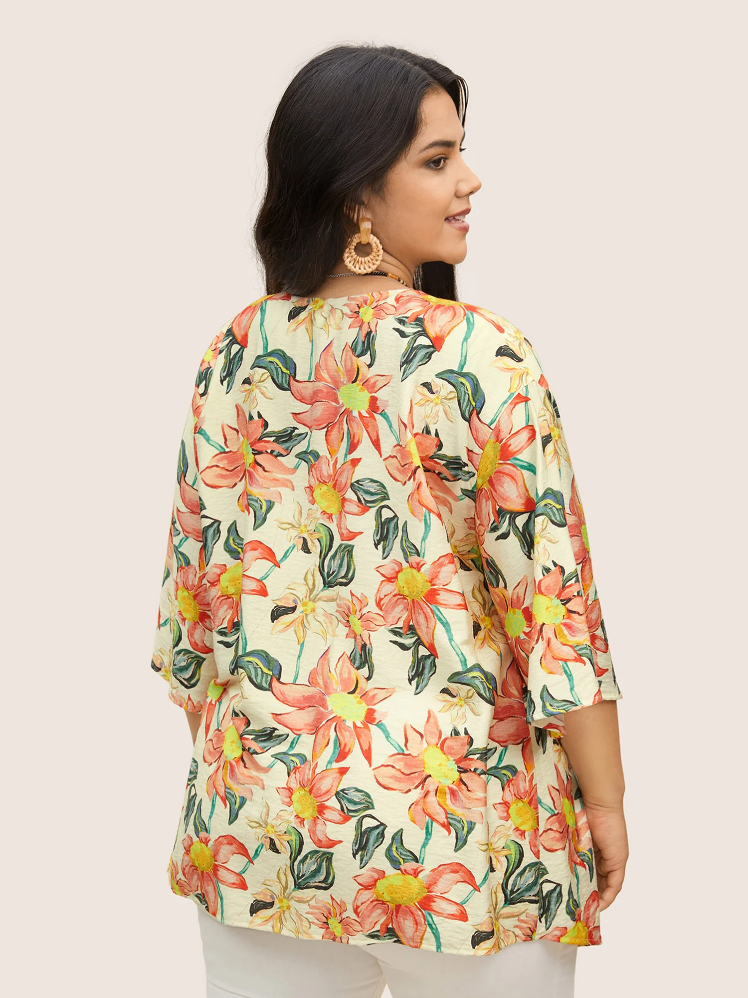 Floral Print Tie Knot Ruffle Sleeve Kimono - Image 5