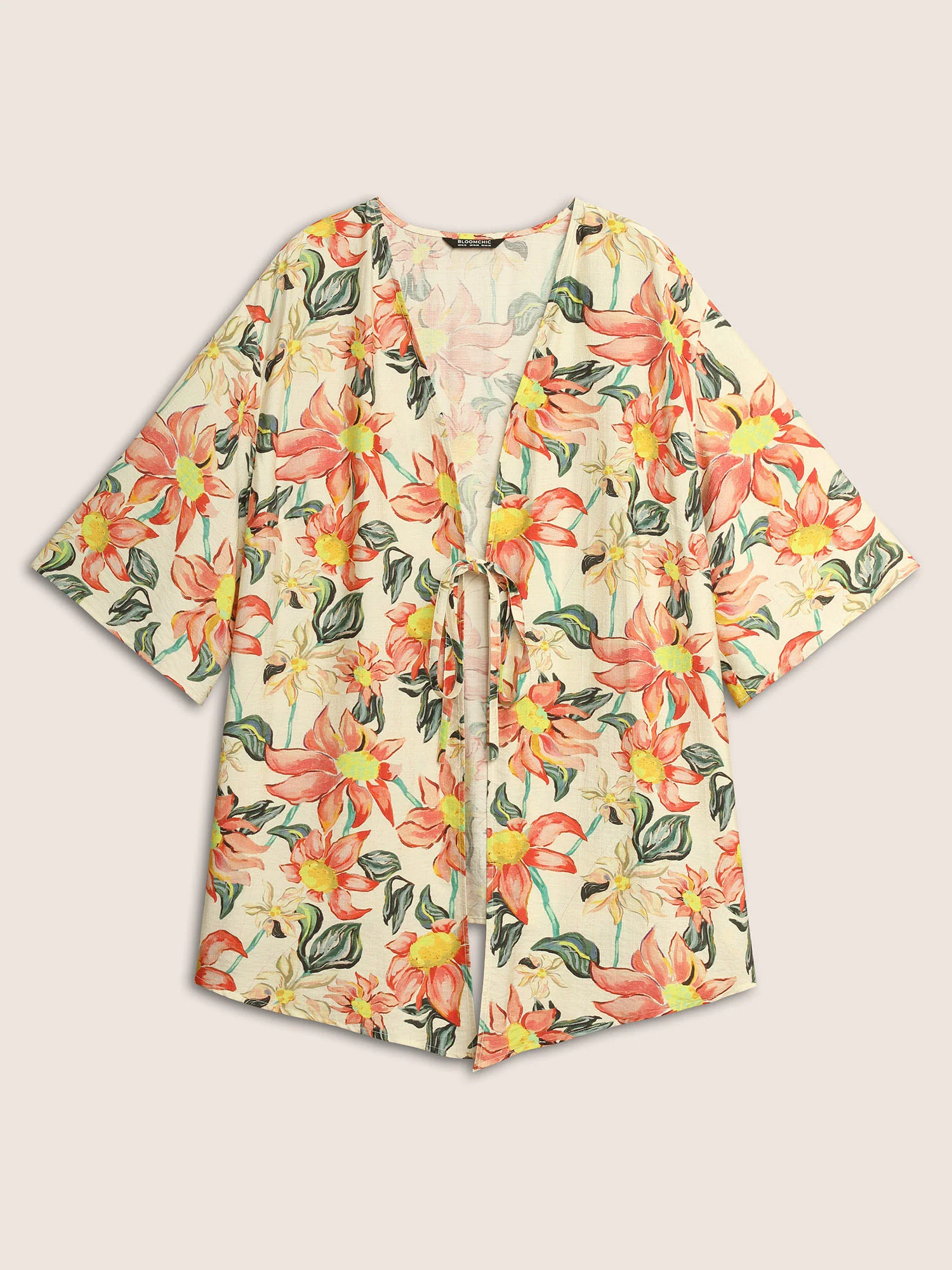 Floral Print Tie Knot Ruffle Sleeve Kimono - Image 8