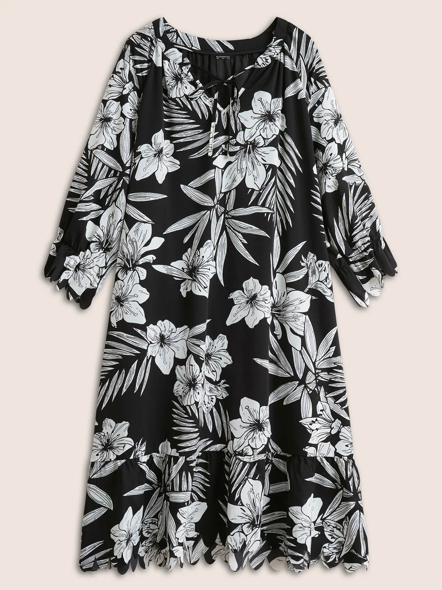 Floral Print Tie Neck Scalloped Trim Dress - Image 7