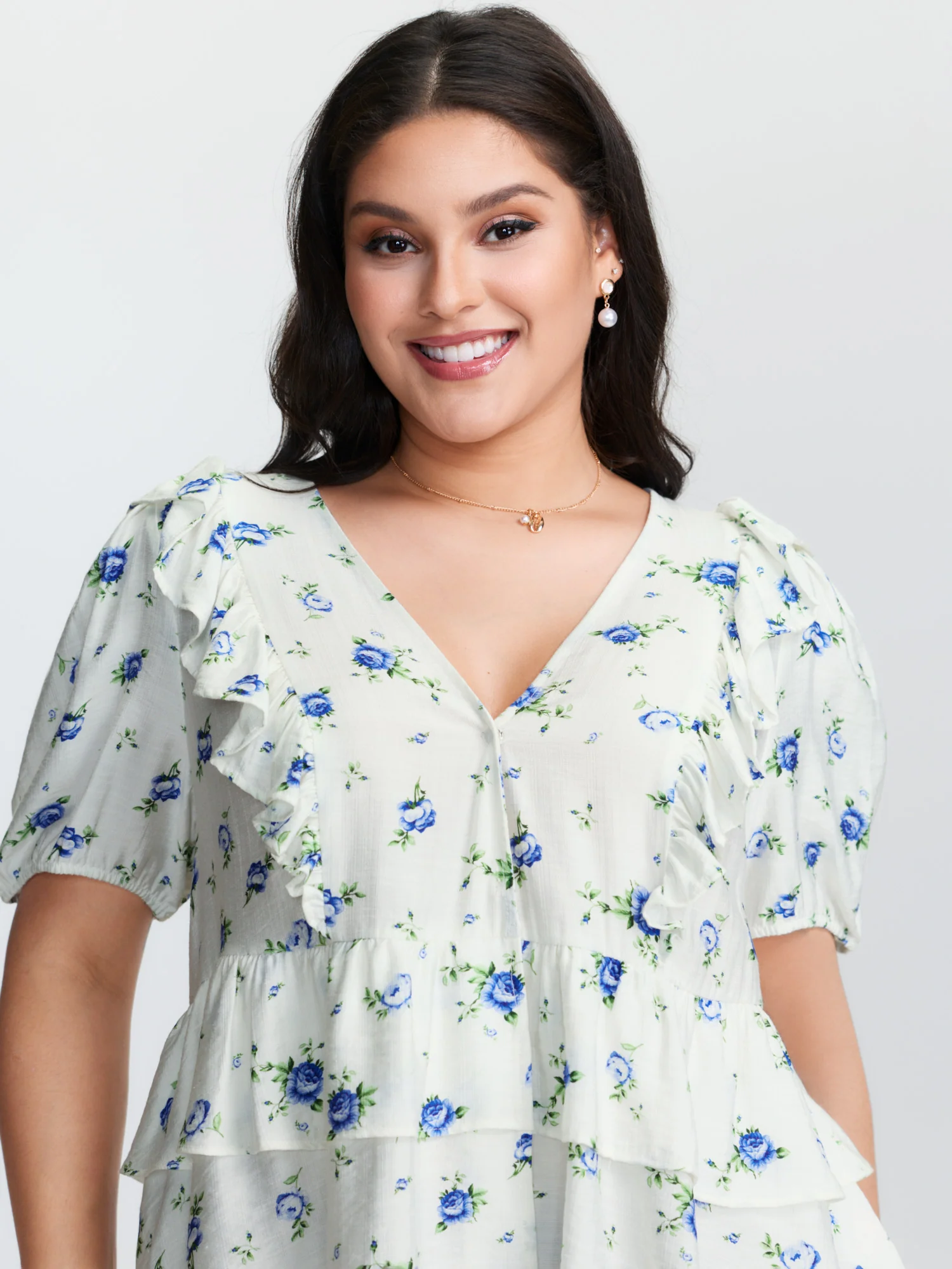 Floral Print Tiered V-Neck Blouse - Image 2