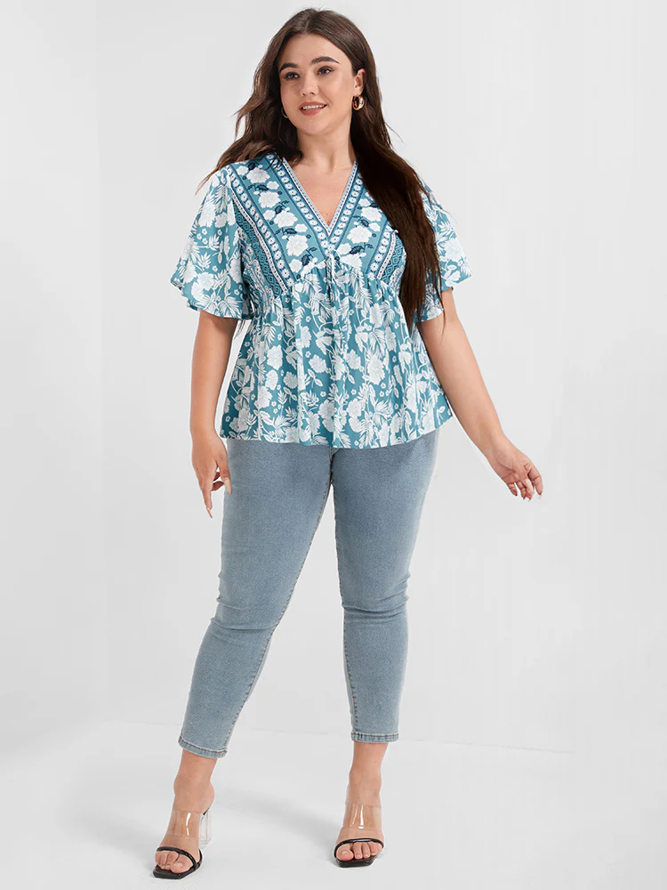 Floral Print Ties Ruffled Babydoll V Neck Blouse - Image 2