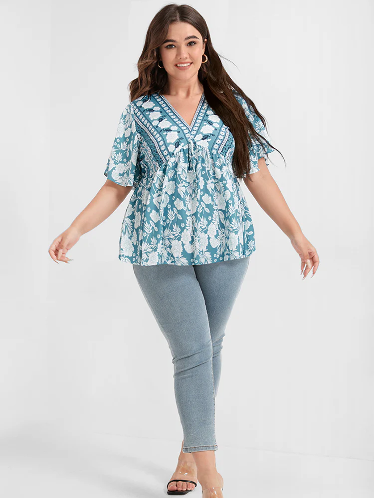 Floral Print Ties Ruffled Babydoll V Neck Blouse - Image 3