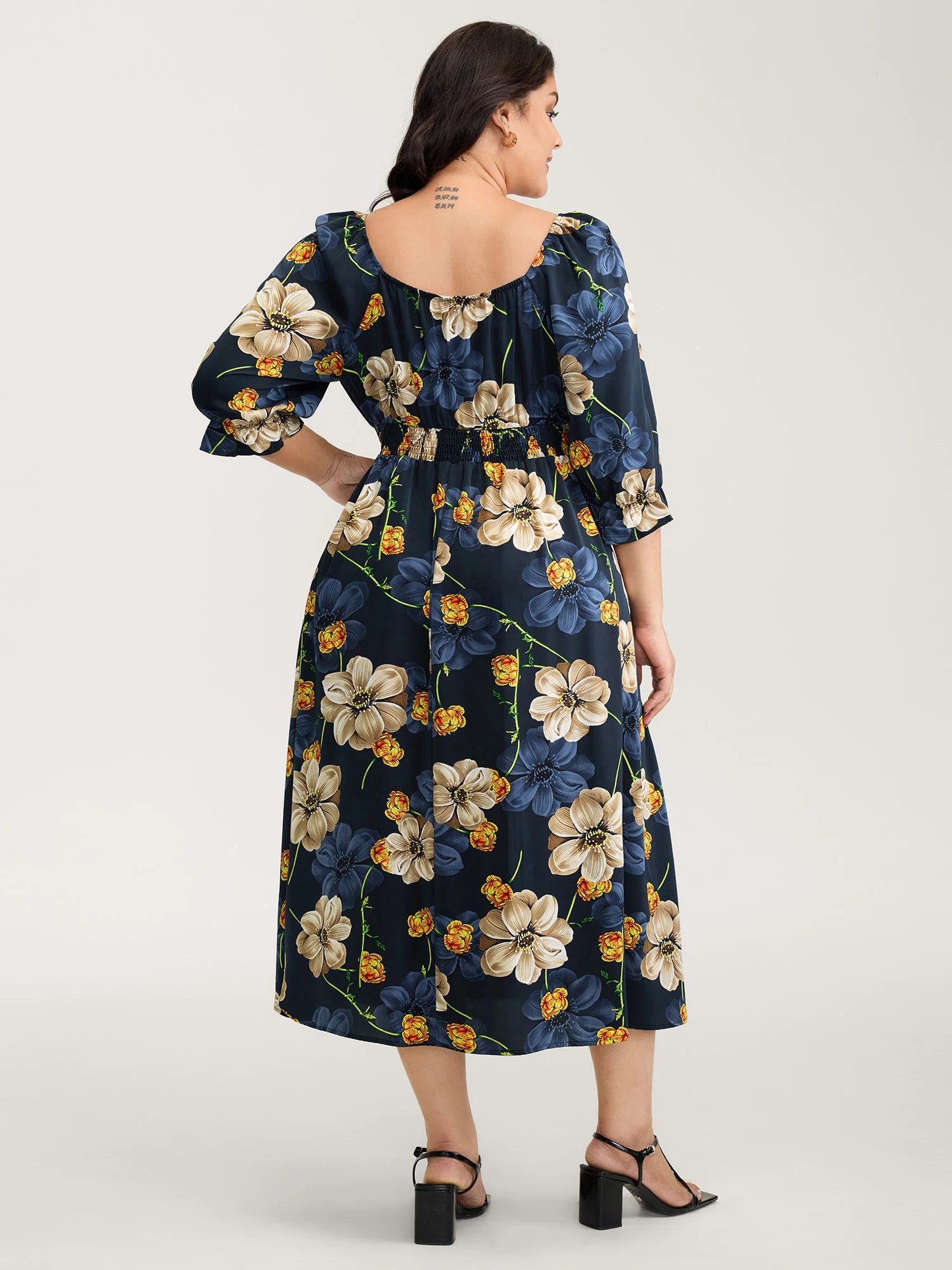 Floral Print Triangular Waist Cinched Midi Dress - Image 4