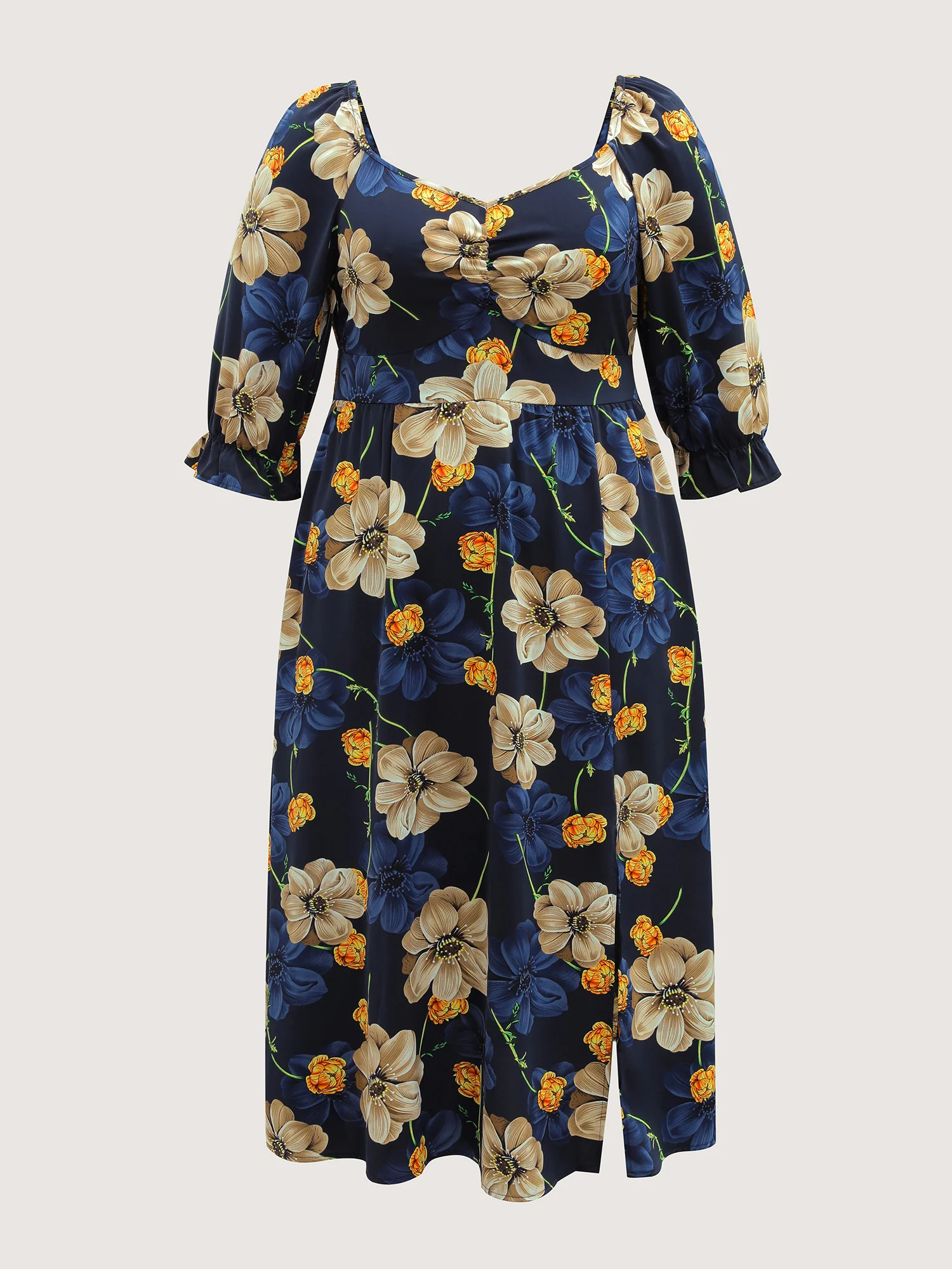 Floral Print Triangular Waist Cinched Midi Dress - Image 7