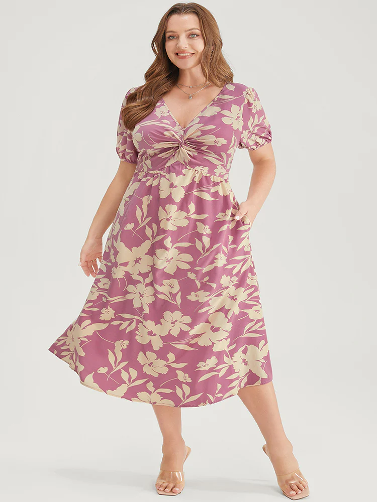 Floral Print Twist Front Puff Sleeve Pocket Ruffles Dress - Image 2