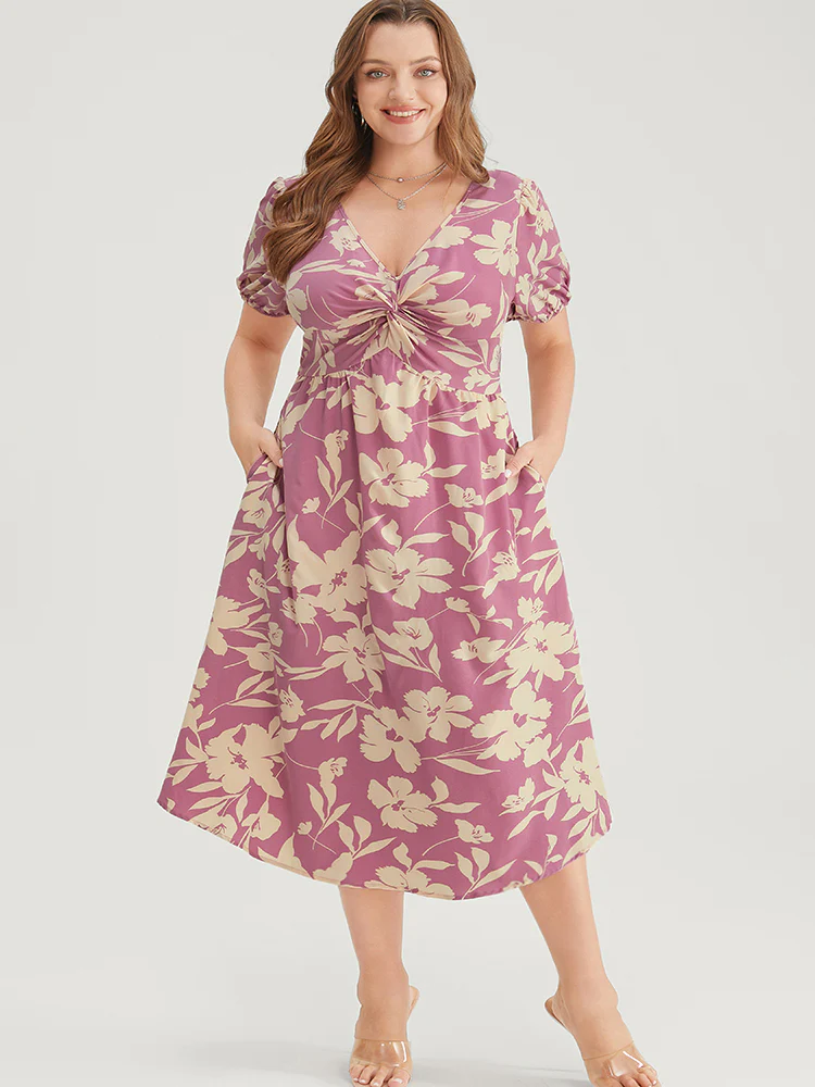 Floral Print Twist Front Puff Sleeve Pocket Ruffles Dress - Image 3