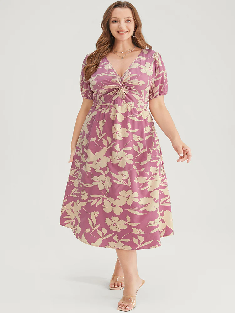 Floral Print Twist Front Puff Sleeve Pocket Ruffles Dress - Image 4
