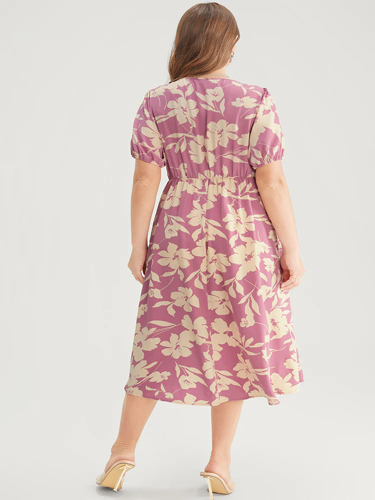 Floral Print Twist Front Puff Sleeve Pocket Ruffles Dress - Image 5