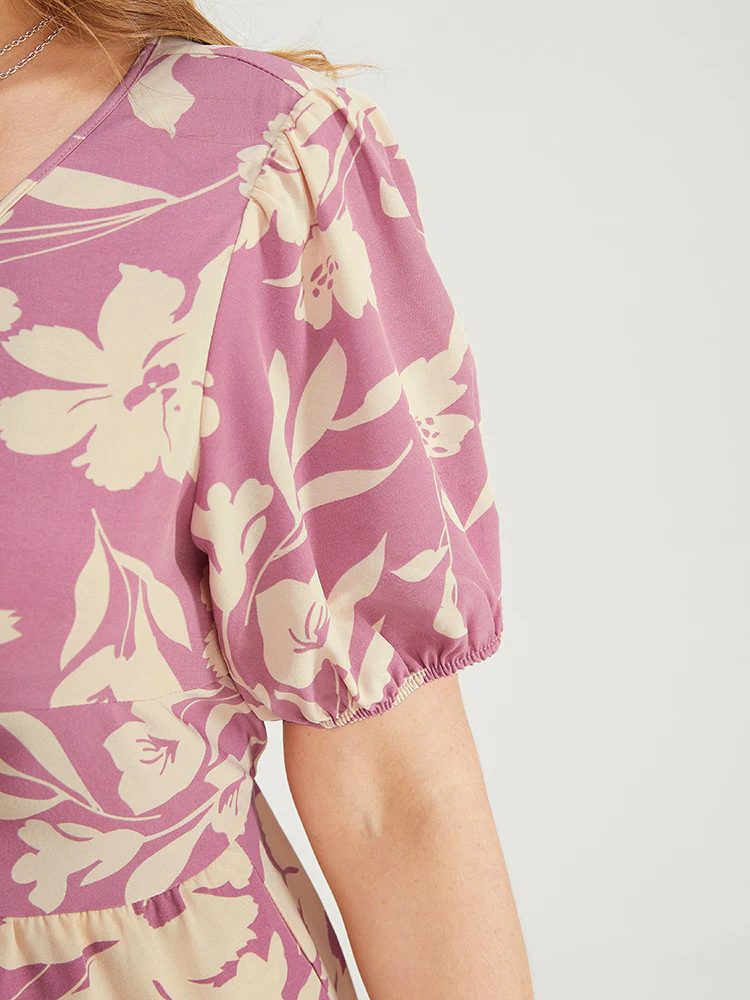 Floral Print Twist Front Puff Sleeve Pocket Ruffles Dress - Image 8