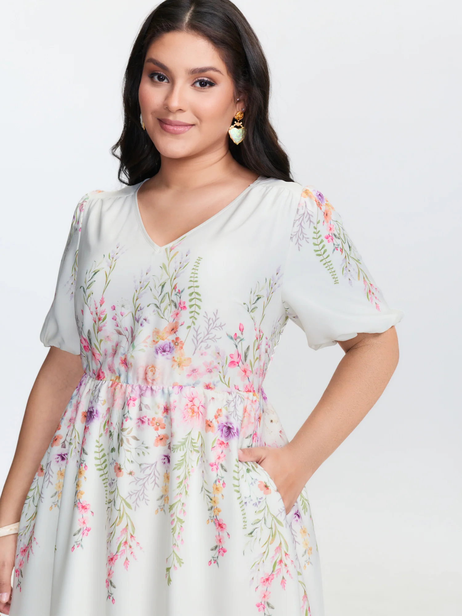Floral Print V-Neck Bubble Sleeve Midi Dress - Image 2