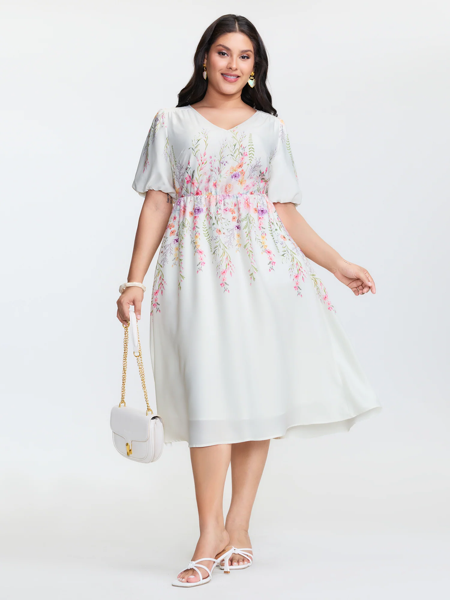 Floral Print V-Neck Bubble Sleeve Midi Dress - Image 3