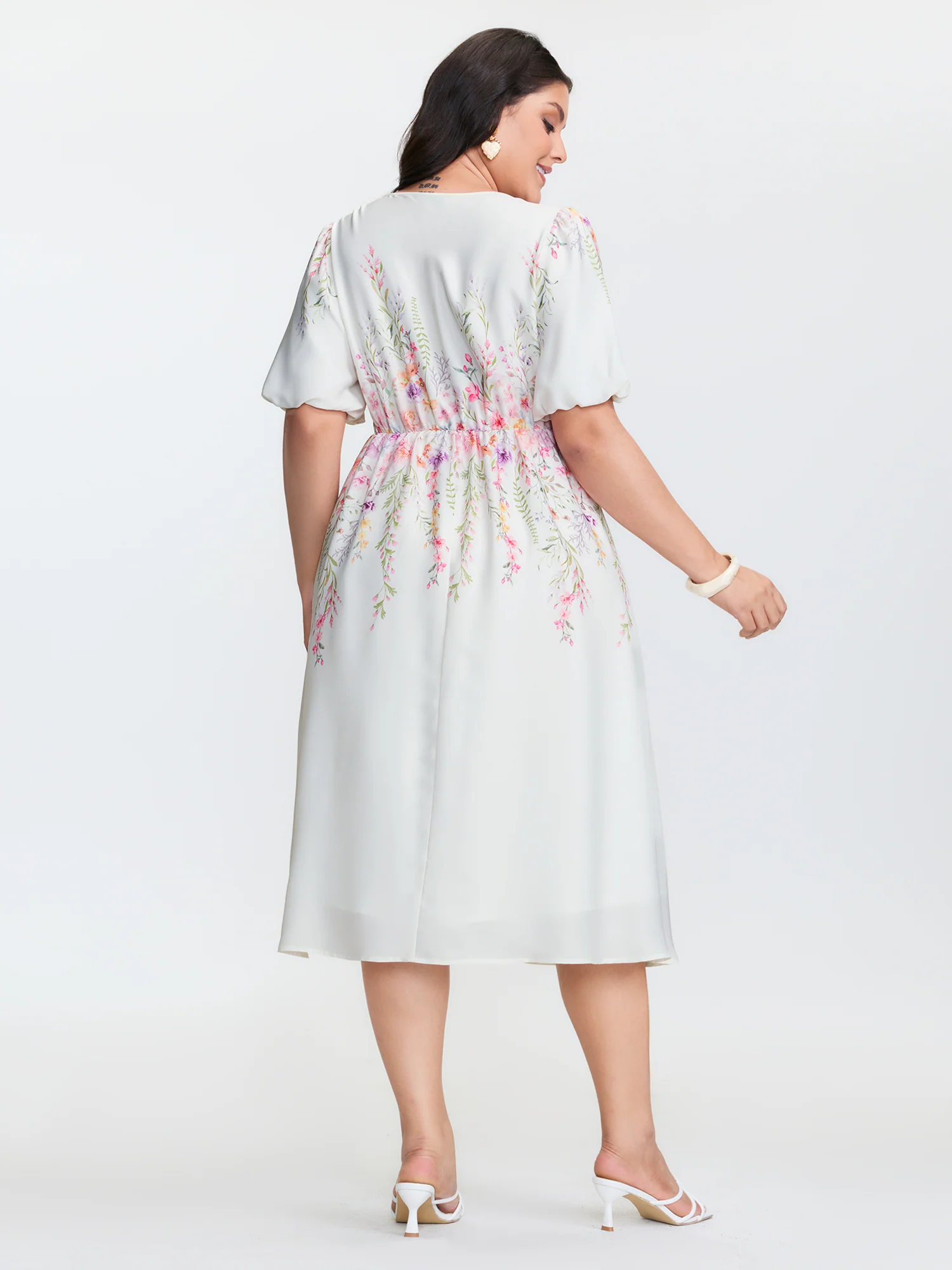 Floral Print V-Neck Bubble Sleeve Midi Dress - Image 4