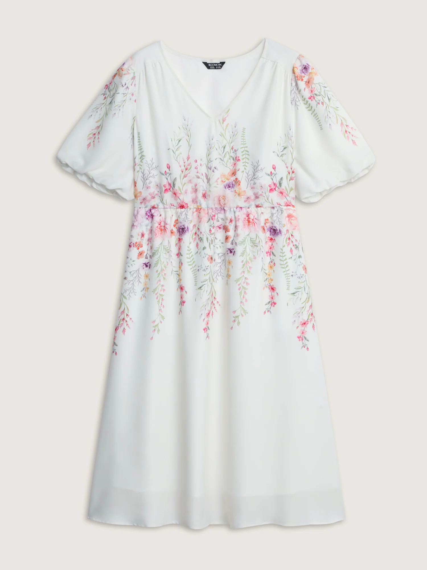 Floral Print V-Neck Bubble Sleeve Midi Dress - Image 7