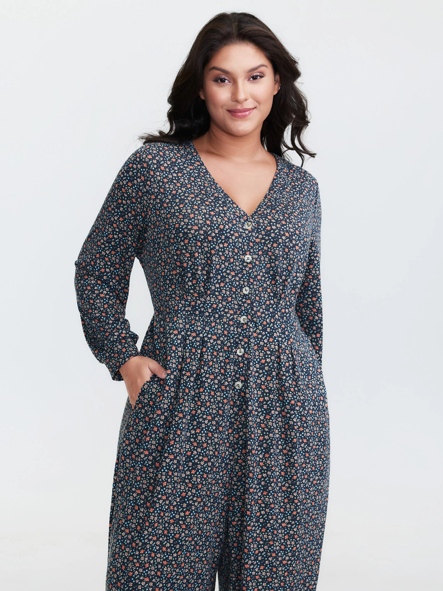 Floral Print V-Neck Button Front Lounge Jumpsuit - Image 2