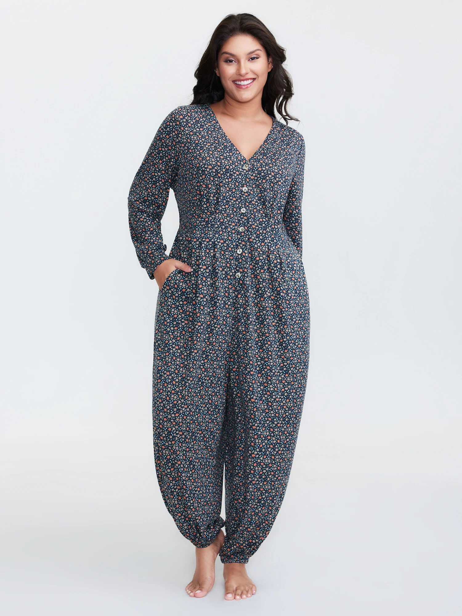 Floral Print V-Neck Button Front Lounge Jumpsuit - Image 3