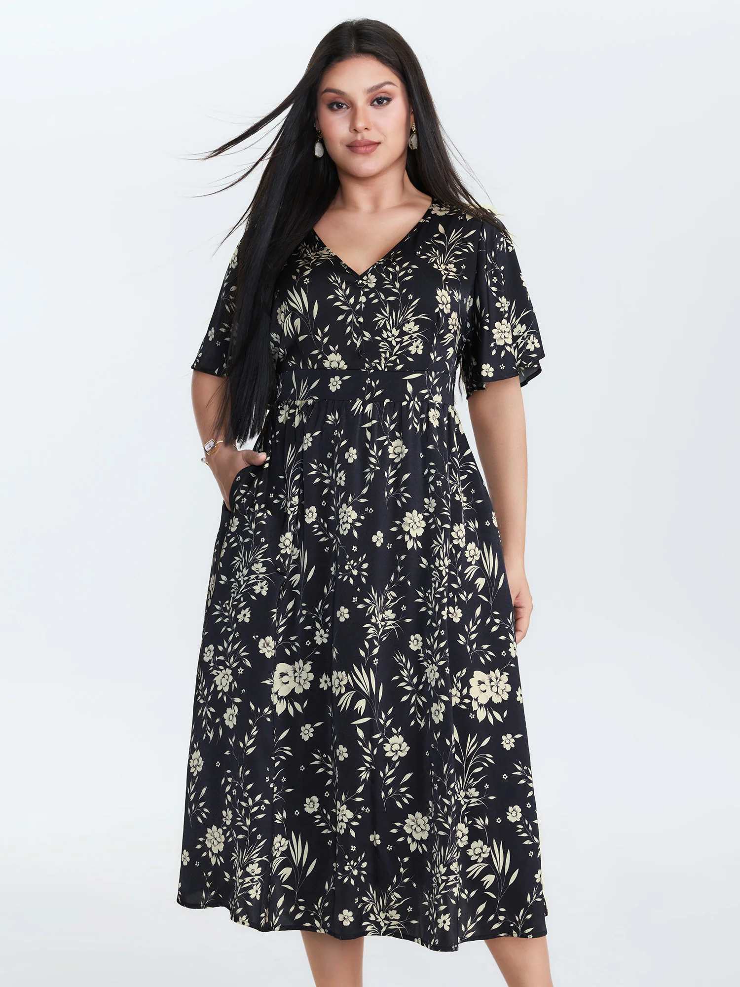 Floral Print V-Neck Cinched-Waist Midi Dress - Image 3