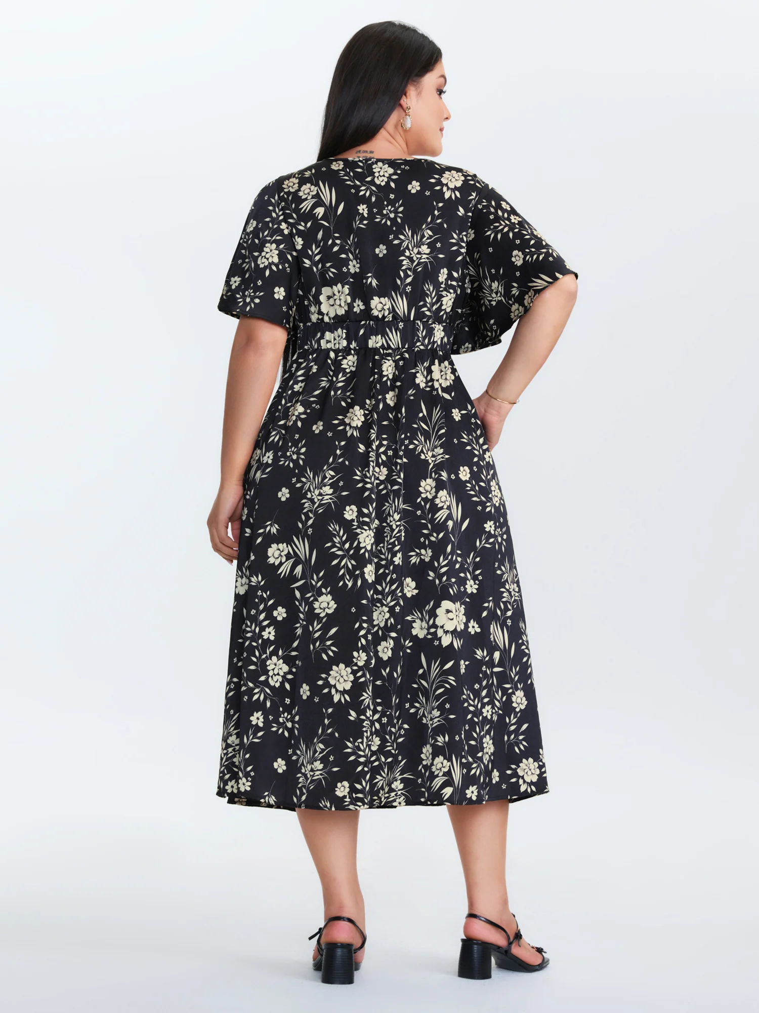 Floral Print V-Neck Cinched-Waist Midi Dress - Image 4