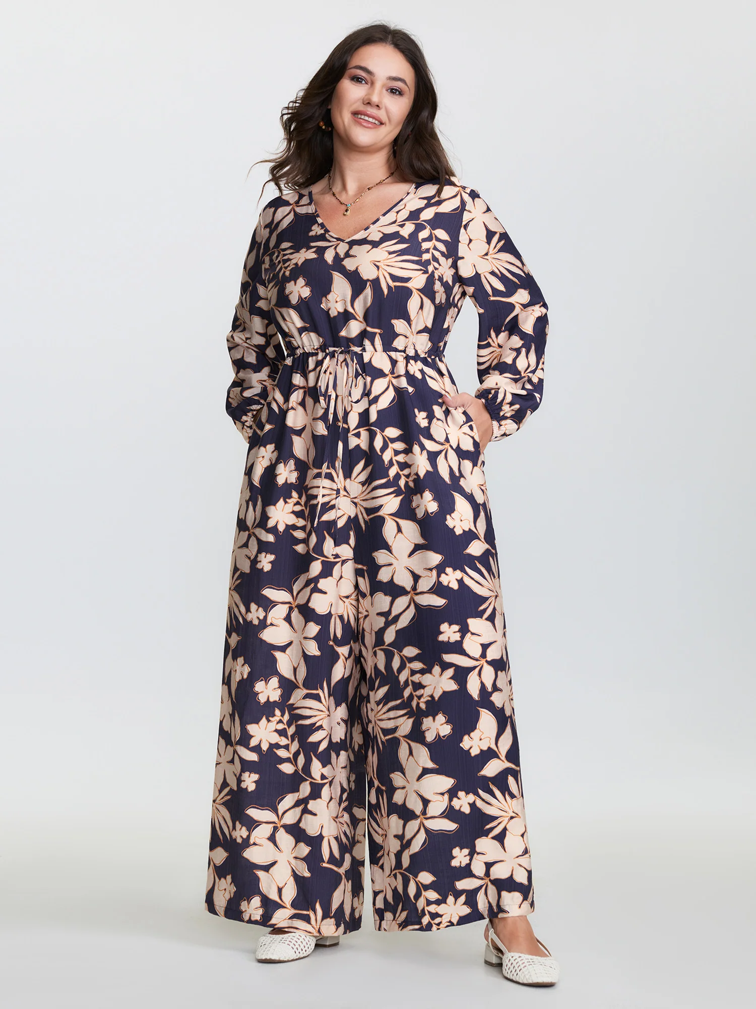 Floral Print V-Neck Drawstring Waist Jumpsuit - Image 3