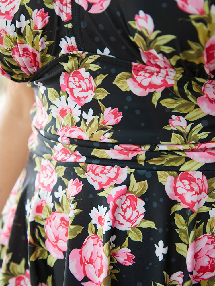 Floral Print V Neck Empire Waist Ruffle Hem Swim Dress - Image 6