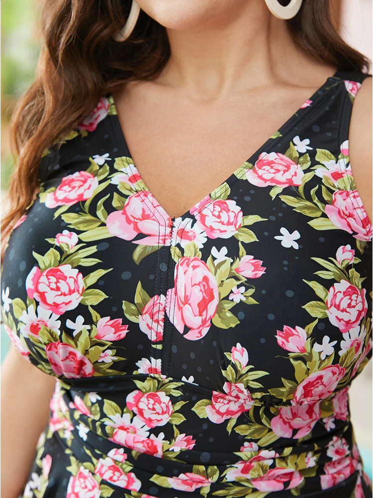 Floral Print V Neck Empire Waist Ruffle Hem Swim Dress - Image 8