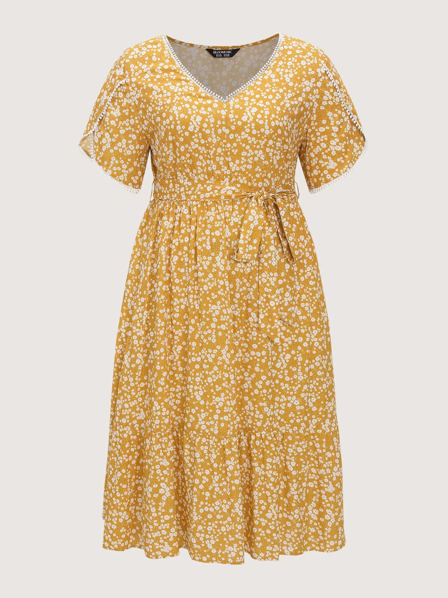 Floral Print V-Neck Petal Sleeve Midi Dress - Image 7