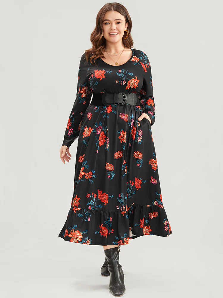 Floral Print V Neck Pocket Flutter Hem Dress Without Belt - Image 2