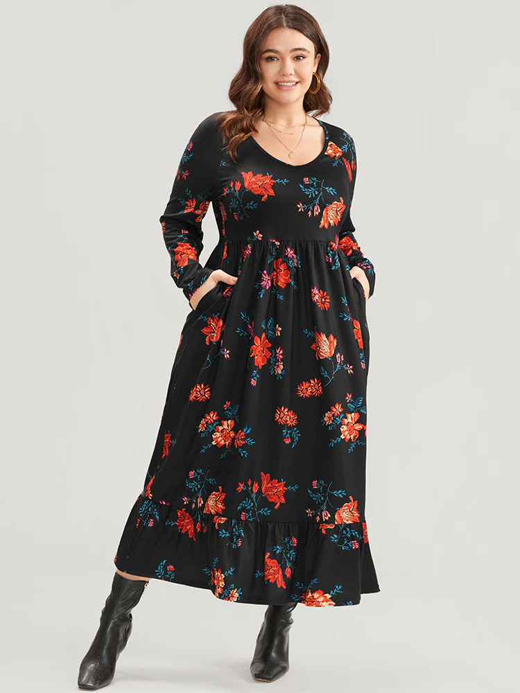 Floral Print V Neck Pocket Flutter Hem Dress Without Belt - Image 6
