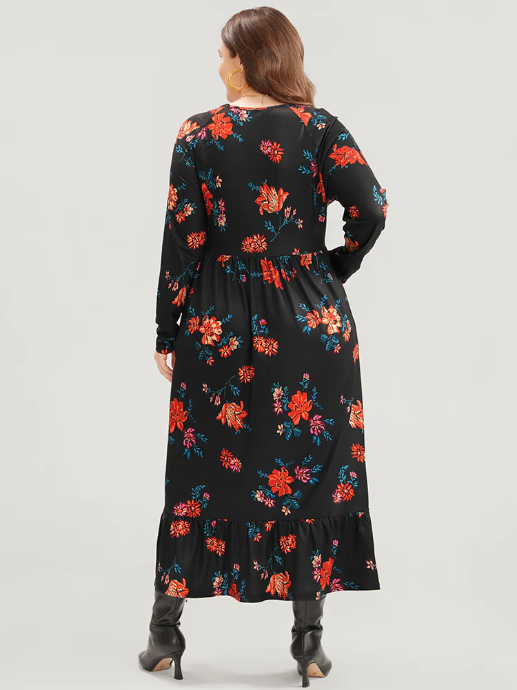 Floral Print V Neck Pocket Flutter Hem Dress Without Belt - Image 7