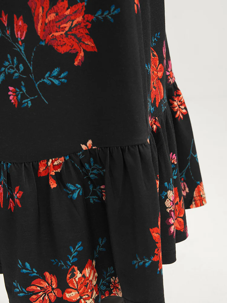 Floral Print V Neck Pocket Flutter Hem Dress Without Belt - Image 8