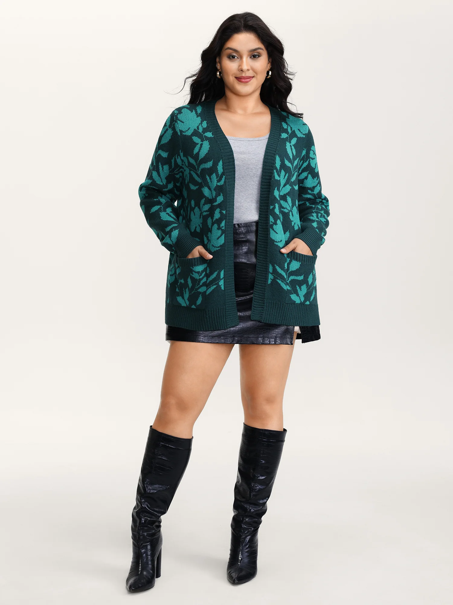 Floral Print V-Neck Ribbed Knit Cardigan - Image 3