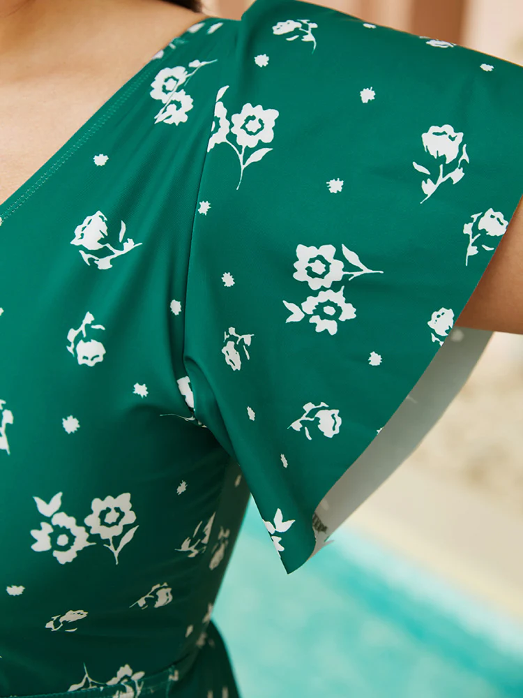 Floral Print V Neck Ruffle Sleeve Tankini Top - Image 7